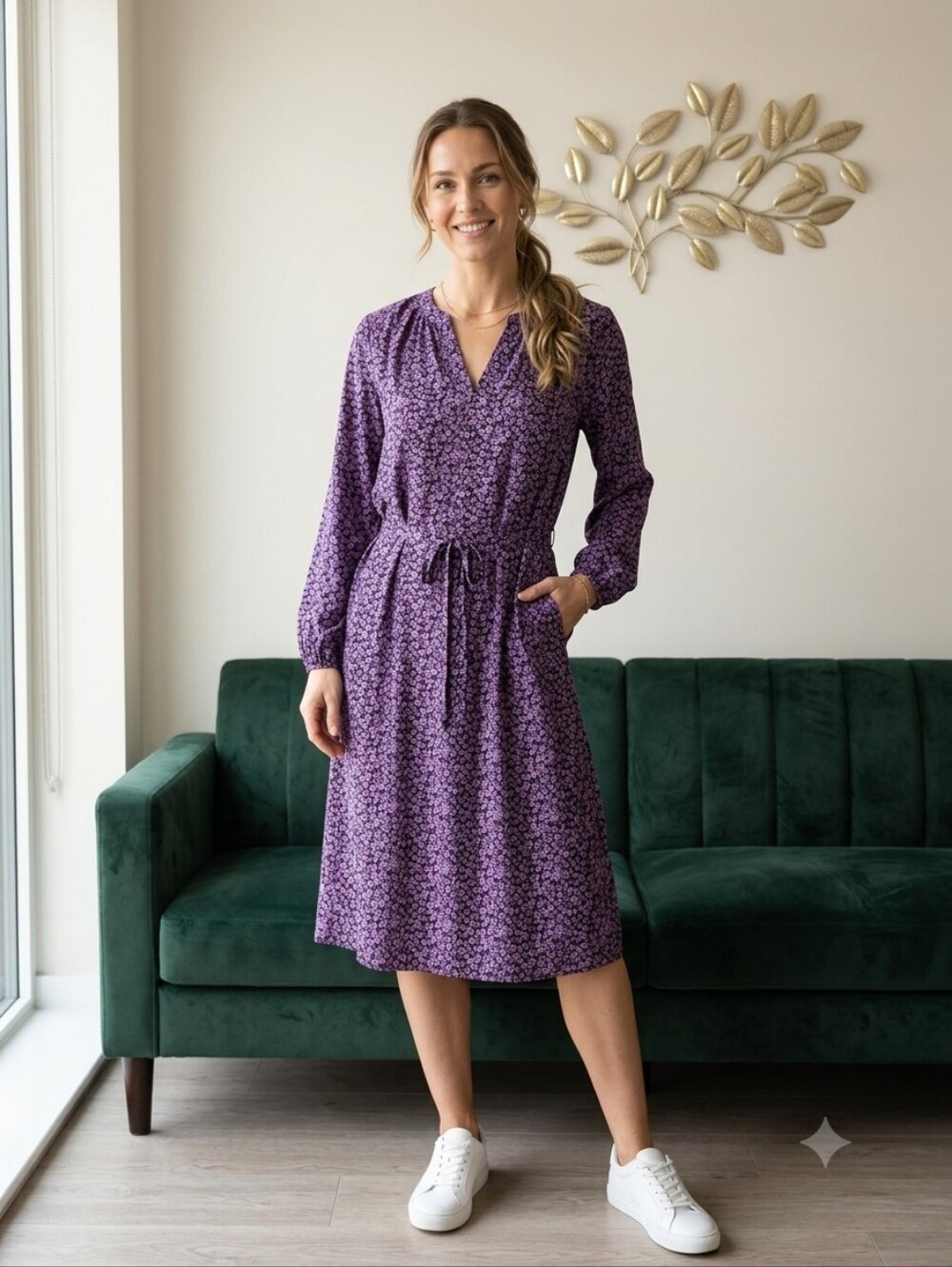 Saint Tropez Floral Purple Long-Sleeve Fit & Flare Dress Size S 100% Viscose
